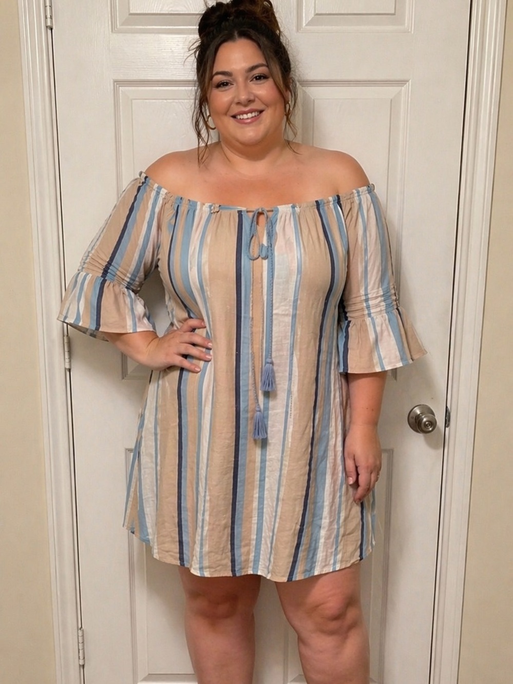 Mlle Gabrielle Blue and Tan Striped Midi Dress